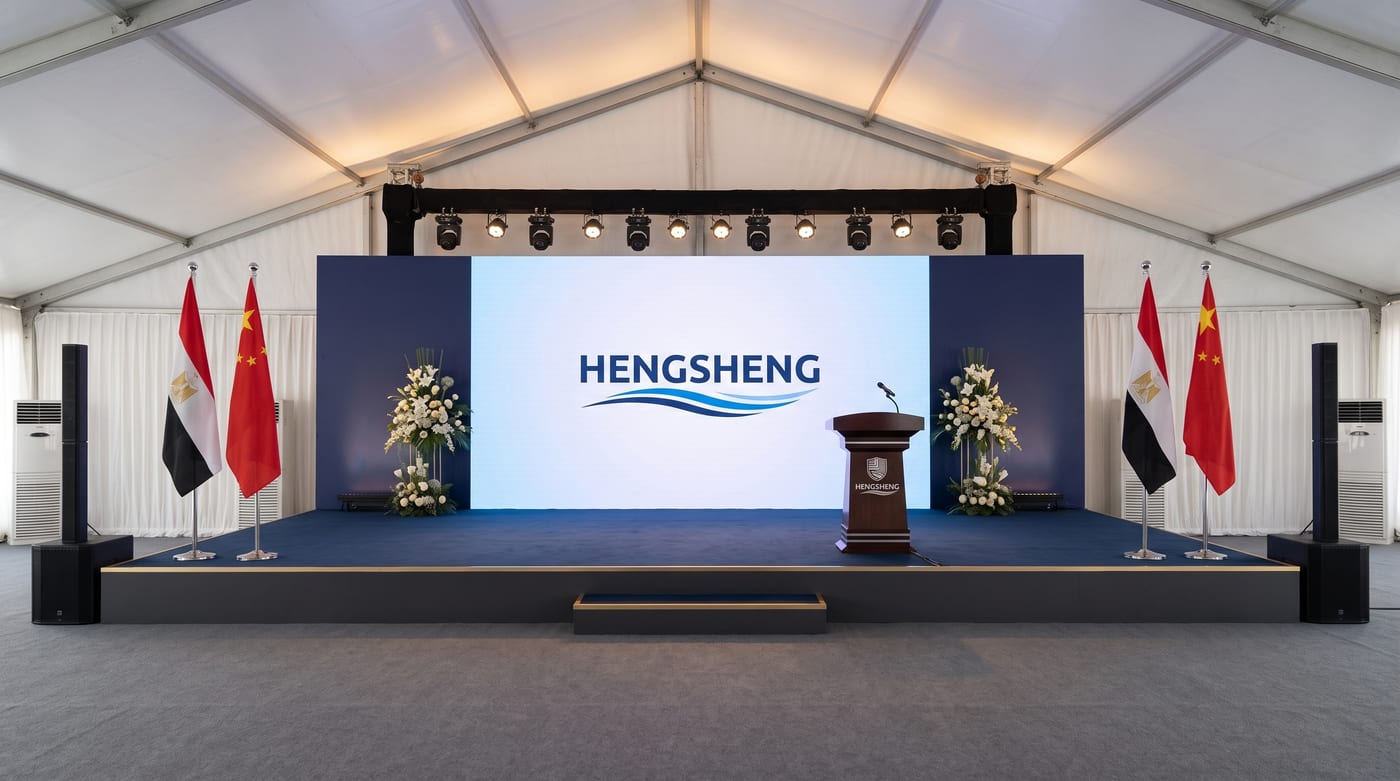 Main stage — LED wall, podium, Egypt & China flags