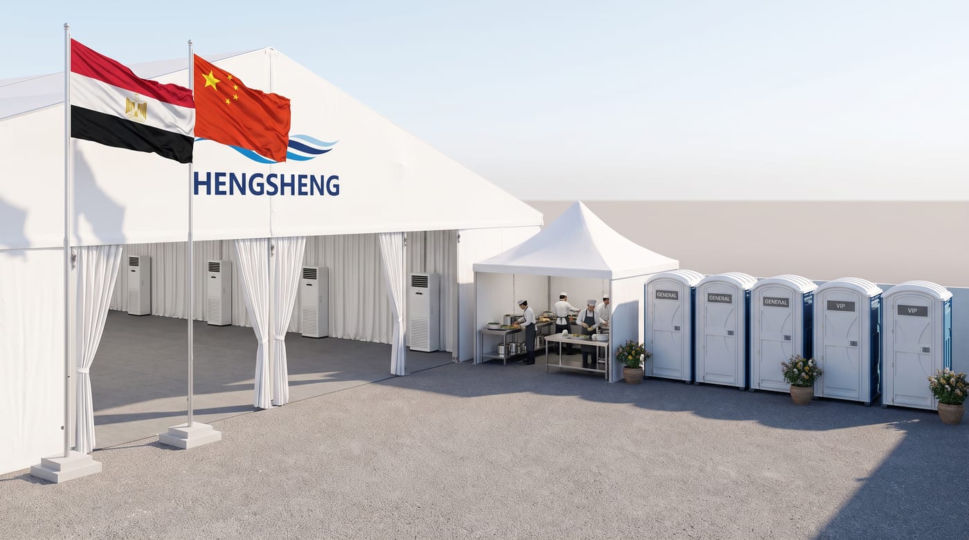 Kitchen tent & hotel-grade toilets — service area