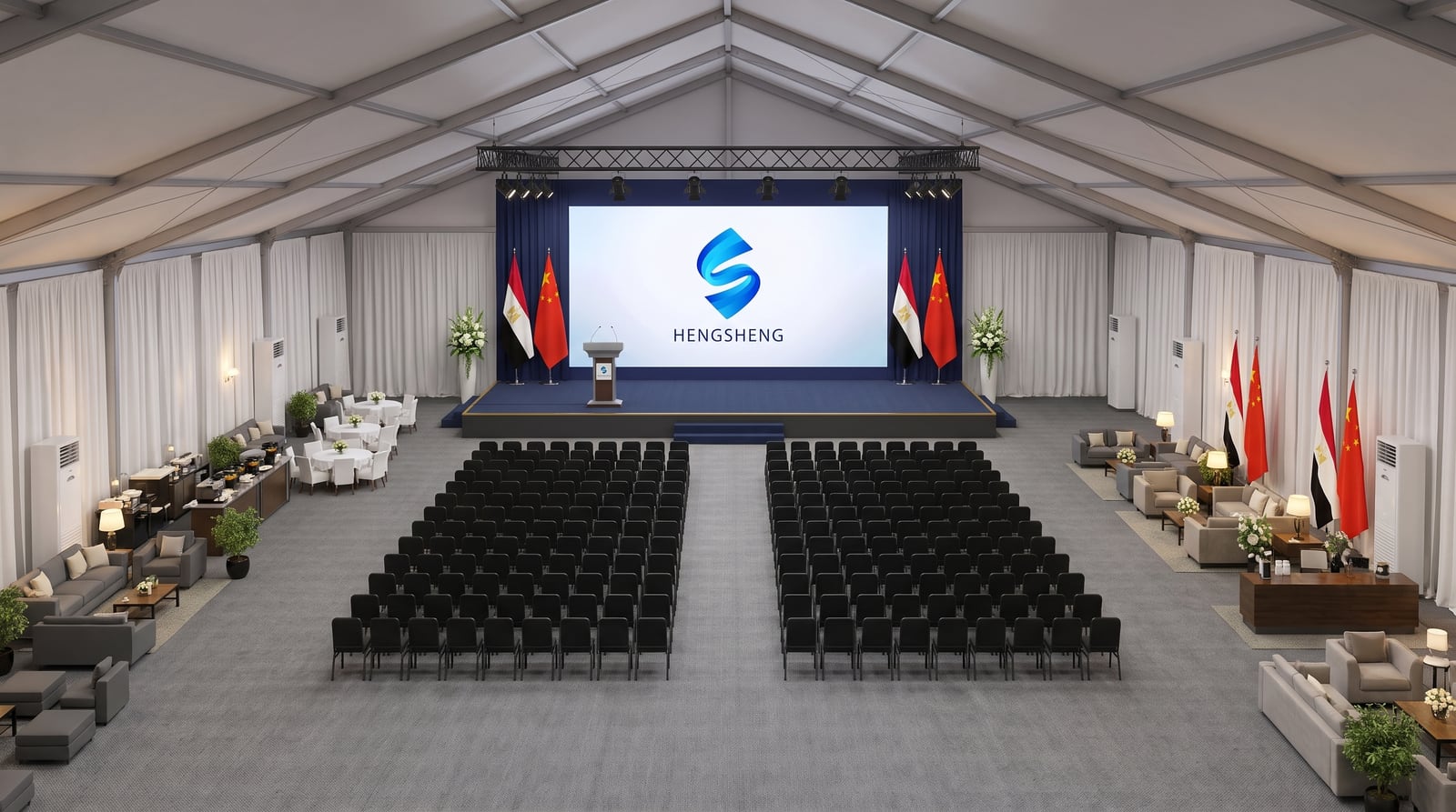 HENGSHENG pavilion — isometric layout, stage, VIP zones, Egypt and China flags